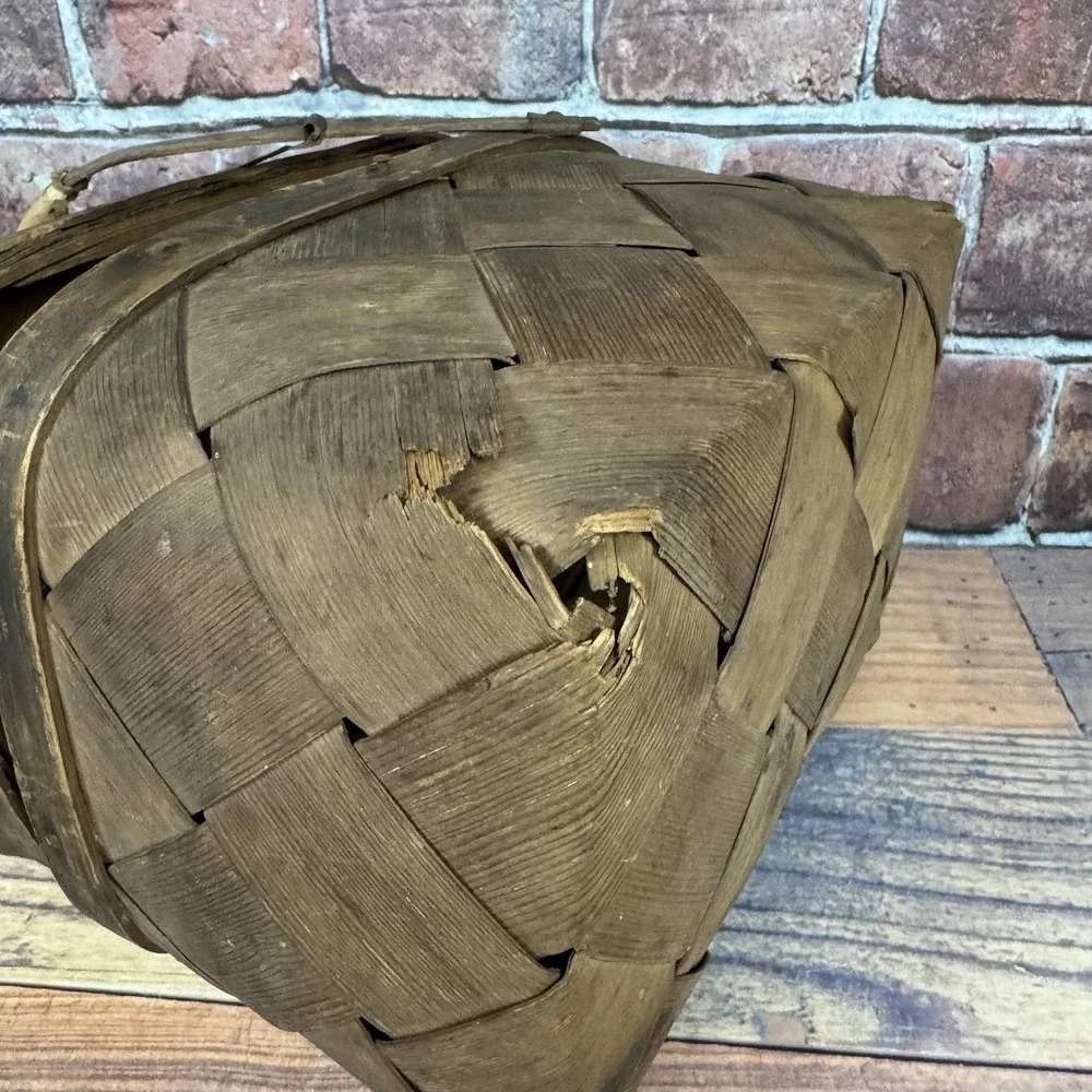 Antique Early‎ 1900's Woven Split Wood Picnic Basket Hinged Primitive Americana